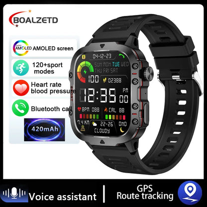 Smartwatch with various features displayed on a white background