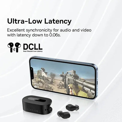 Black wireless earbuds with a smartphone displaying a game, featuring the DCLLL logo and text about ultra-low latency
