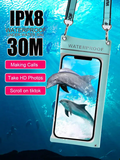 Waterproof phone case with dolphin design on a blue underwater-themed background
