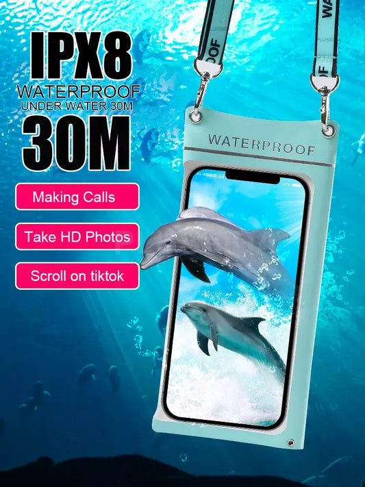 Waterproof phone case with dolphin design on a blue underwater-themed background
