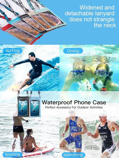 Waterproof phone case with lanyard for outdoor activities such as surfing, diving, boating, and swimming
