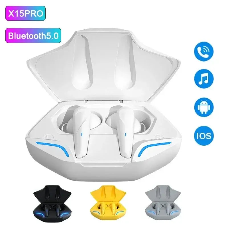 White wireless earbuds with charging case and compatibility icons displayed on a white background
