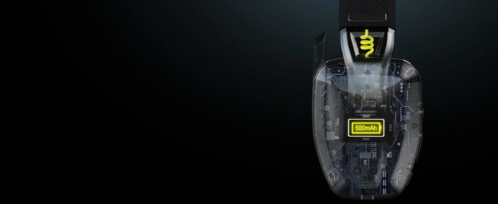Close-up of a black and yellow device with a brand logo on a dark background