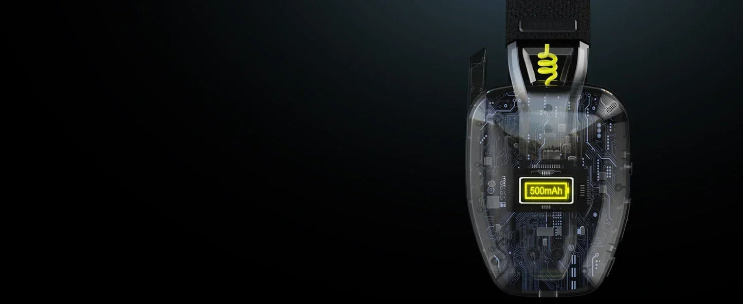 Close-up of a black and yellow device with a brand logo on a dark background