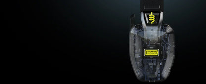 Close-up of a black and yellow device with a brand logo on a dark background