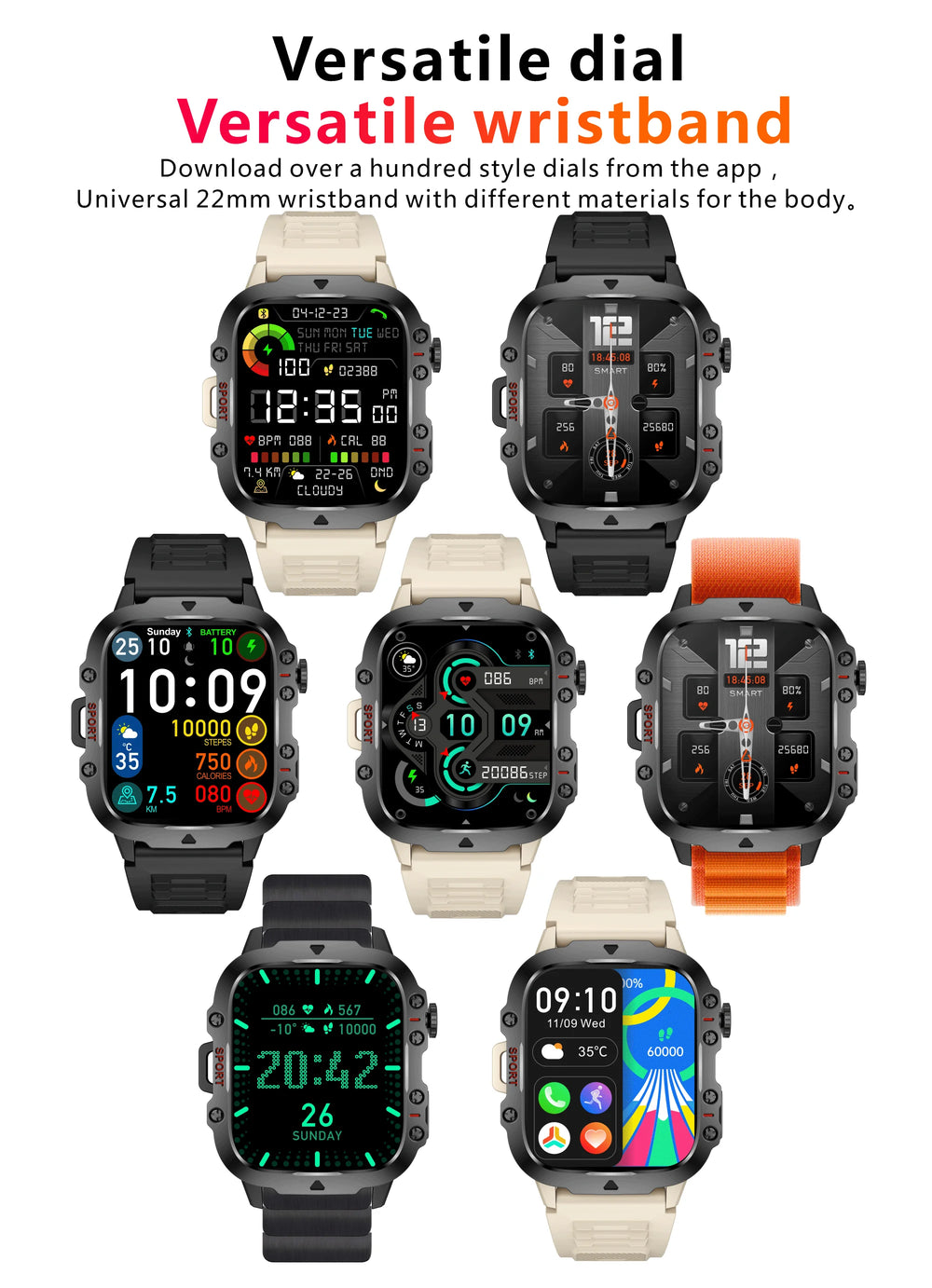Collection of smartwatches with different display styles and wristbands on a white background.