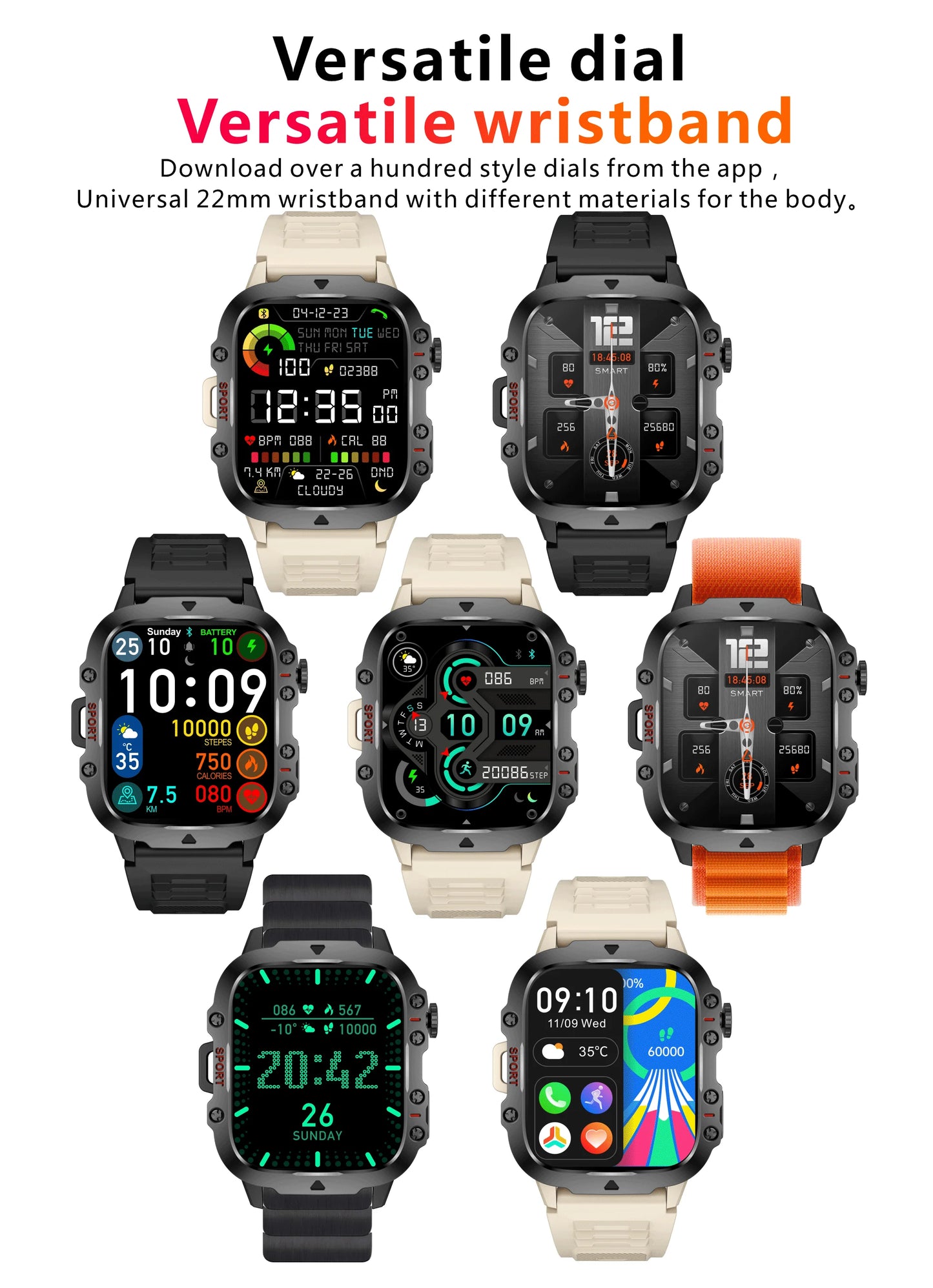 Collection of smartwatches with different display styles and wristbands on a white background.