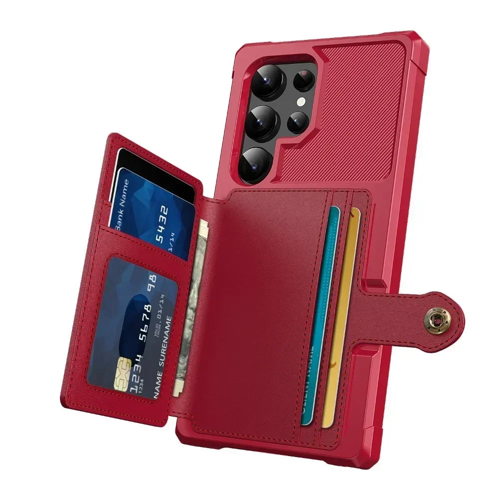 Red phone case with card slots and cash pocket on a white background