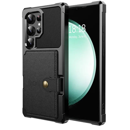 Black phone case with a card holder on a white background