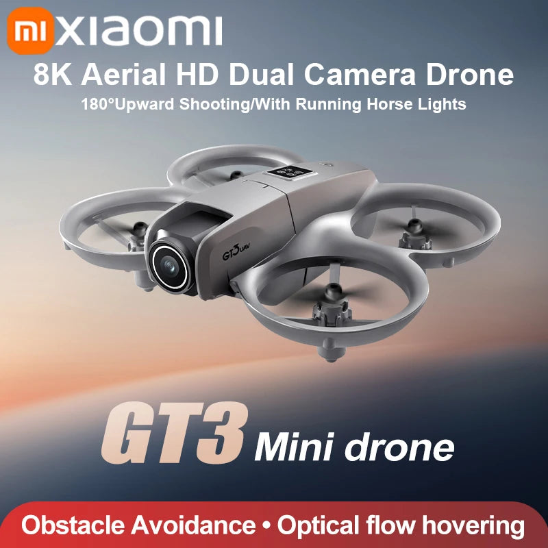 Xiaomi GT3 mini drone with 8K aerial HD dual camera on a gradient background
