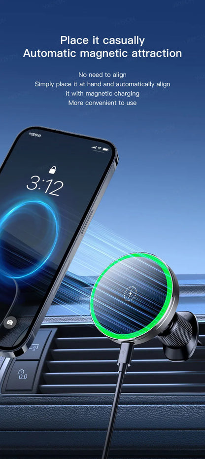 Smartphone mounted on a car vent with magnetic charging device, blue background