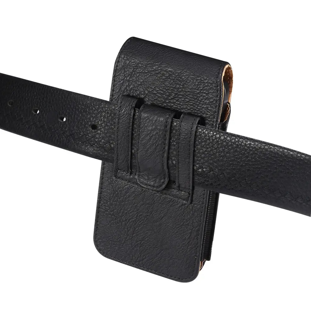 Black leather belt with buckle on a white background
