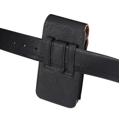 Black leather belt with buckle on a white background
