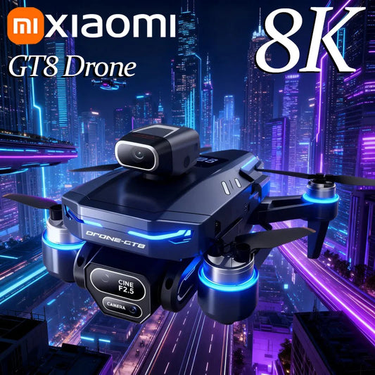 Xiaomi GT8 Drone with 8K camera in front of a futuristic cityscape