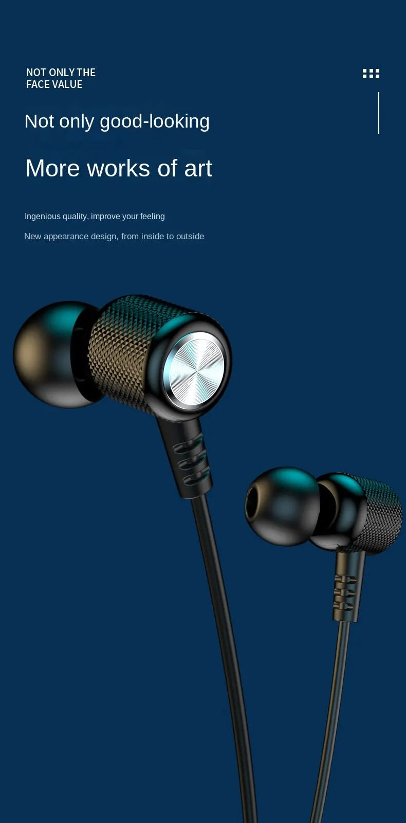 In-ear headphones on a dark blue background with text about value and quality.