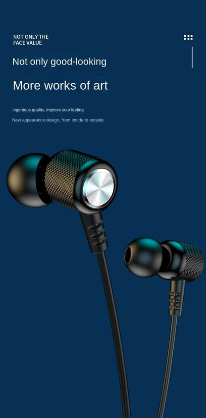 In-ear headphones on a dark blue background with text about value and quality.
