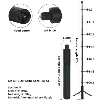 Black selfie stick tripod with measurements and details on a white background