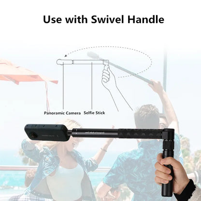 Panoramic camera selfie stick with swivel handle illustration and usage demonstration.