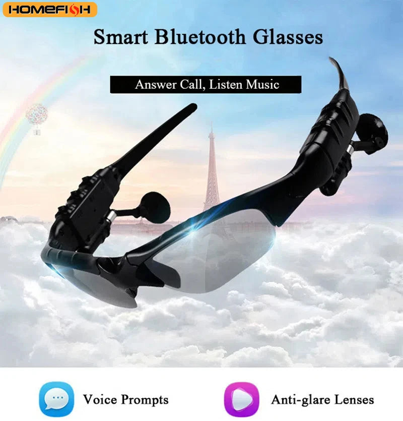 Smart Bluetooth glasses with a scenic background featuring the Eiffel Tower.
