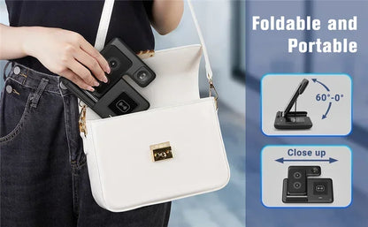 Person holding a white handbag with a black device, showing its foldable and portable features.