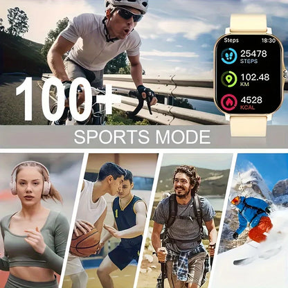 Smartwatch with fitness tracking features displayed, surrounded by people engaging in various sports activities.