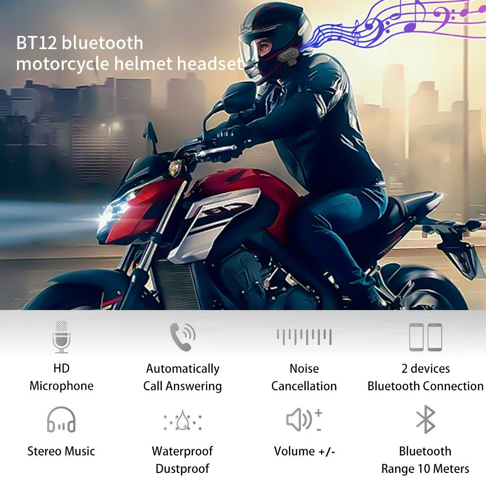 Motorcyclist wearing a helmet with BT12 Bluetooth motorcycle helmet headset features displayed.