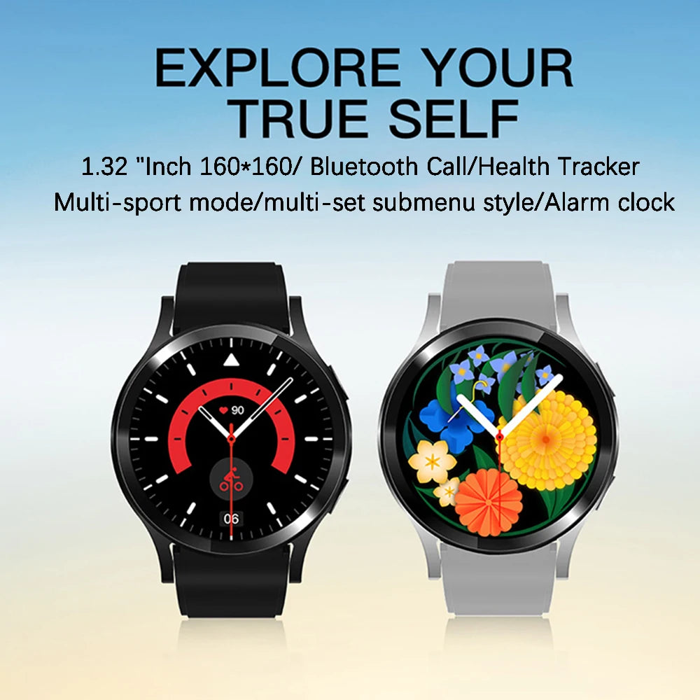 Two smartwatches with different display designs on a gradient background, featuring text about the watches' features.