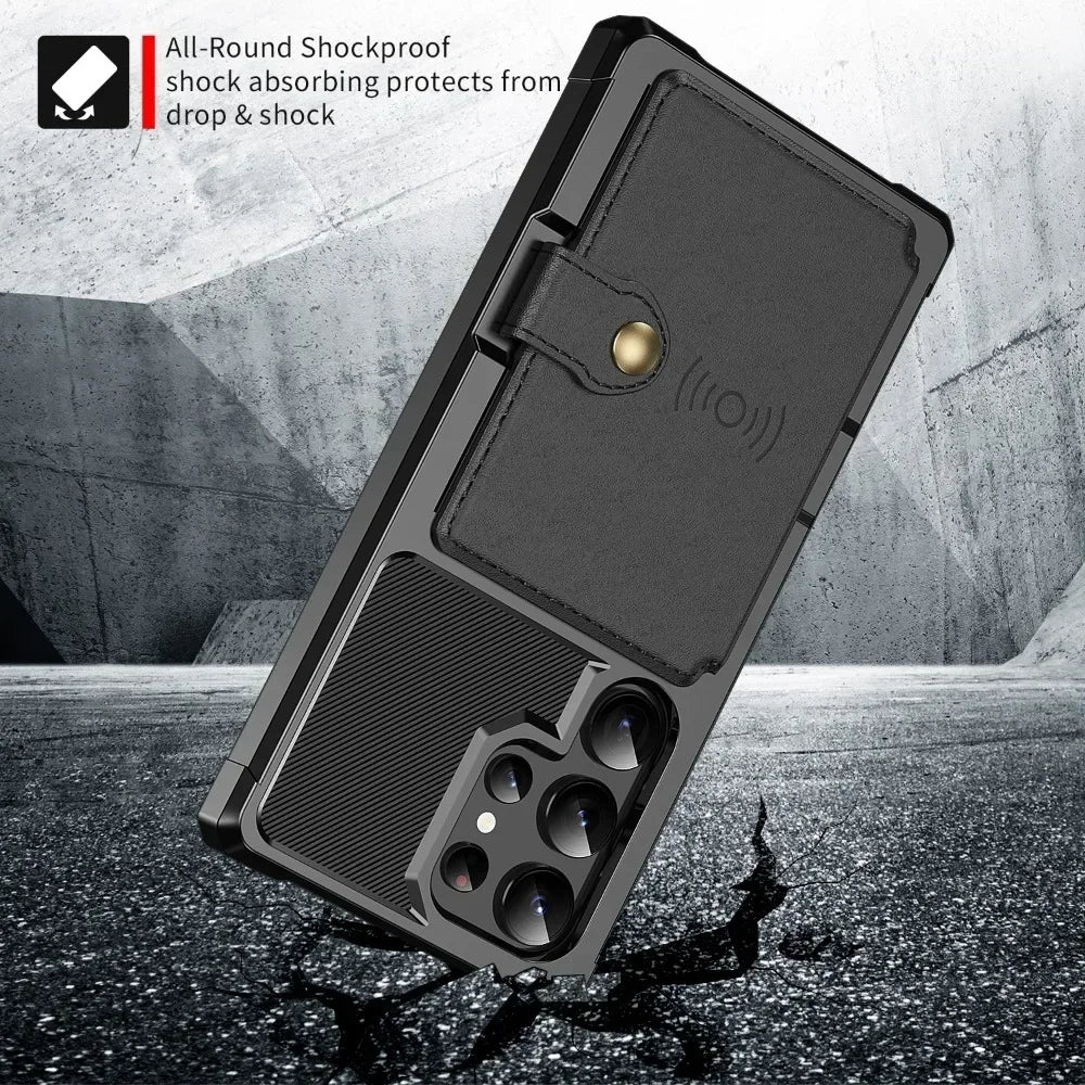 Black shockproof phone case with text on a gray background