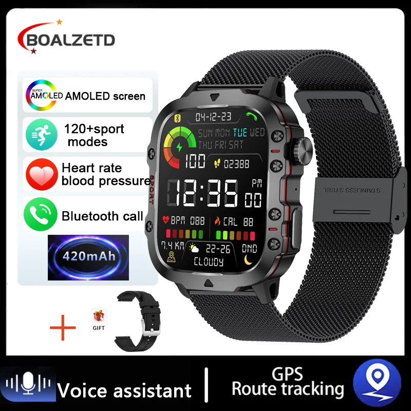 Black smartwatch with features listed on a white background