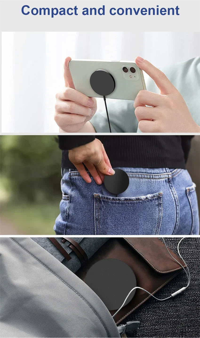 Compact magnetic wireless charger shown on smartphone, slipping into jeans pocket, and stored in travel bag.