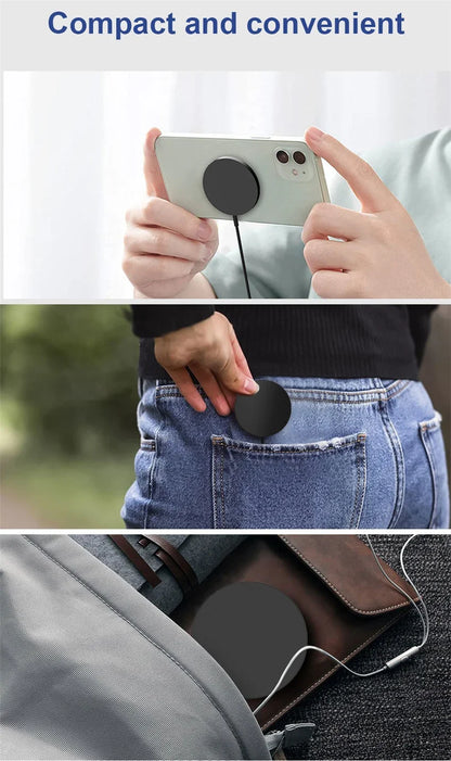 Compact magnetic wireless charger shown on smartphone, slipping into jeans pocket, and stored in travel bag.