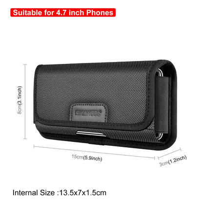 Black phone case with dimensions and compatibility text displayed on a white background
