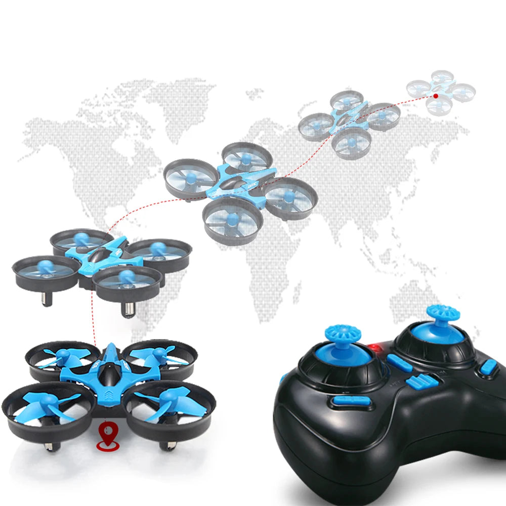 Remote control drone with multiple drones and a controller on a world map background