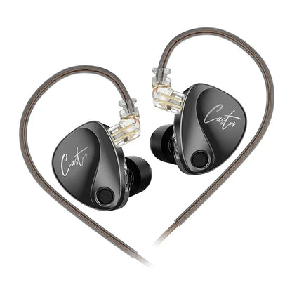 Pair of black in-ear headphones with visible 'Caster' branding on a white background