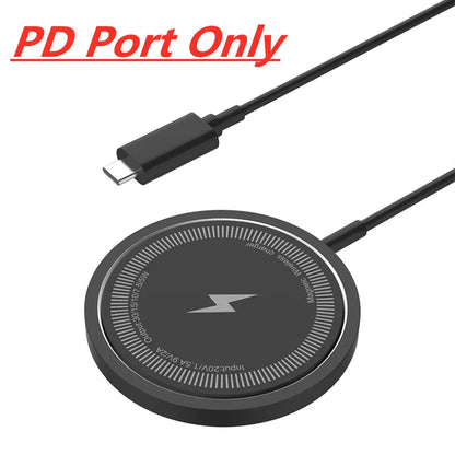PD port only magnetic wireless charging pad with slim round black design.