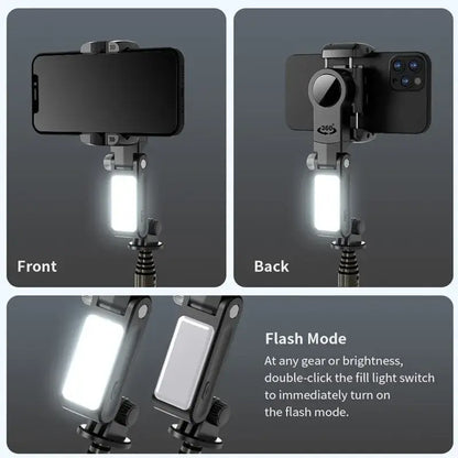 Smartphone equipped with clip-on flashlight attachment for enhanced low-light photography and video
