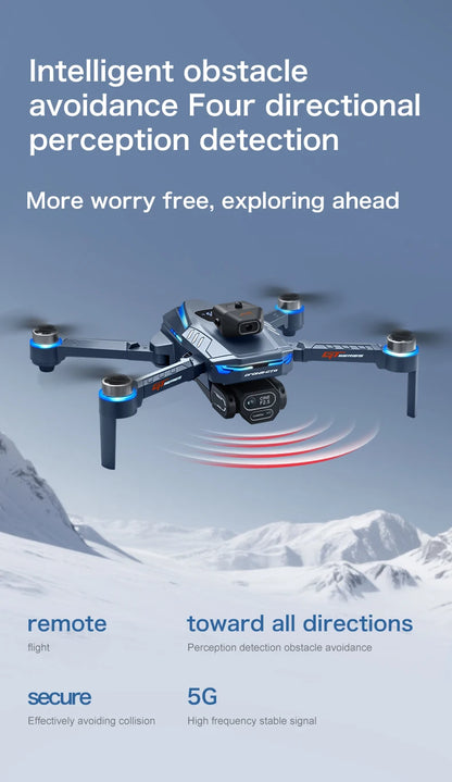 Drone with text about obstacle avoidance and directional perception detection against a mountainous background