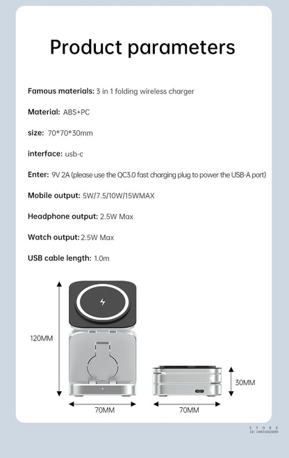 Product parameters of a 3-in-1 folding wireless charger on a light blue background.