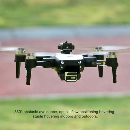 Drone hovering outdoors with text about its features