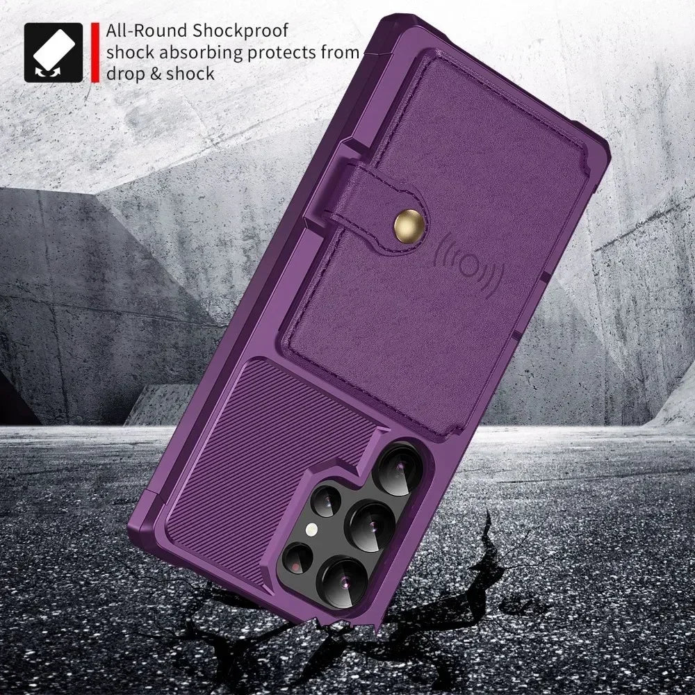 Purple shockproof phone case with text on a gray background