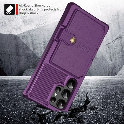 Purple shockproof phone case with text on a gray background