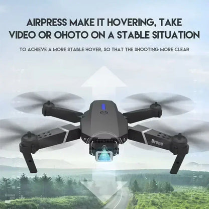 Drone hovering over a landscape with text on stability and functionality.