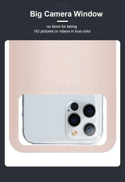 Waterproof phone case with a large camera window on a dark background
