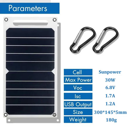 Solar panel with carabiners and technical specifications on a white background