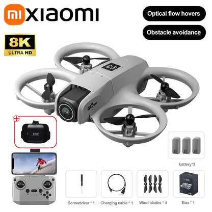 Xiaomi drone with features like 8K ultra HD camera, optical flow hovering, and obstacle avoidance on a white background.