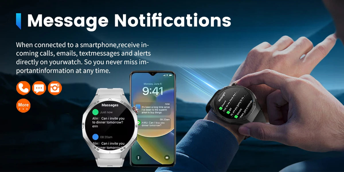 Smartwatch and smartphone displaying message notifications with a scenic background
