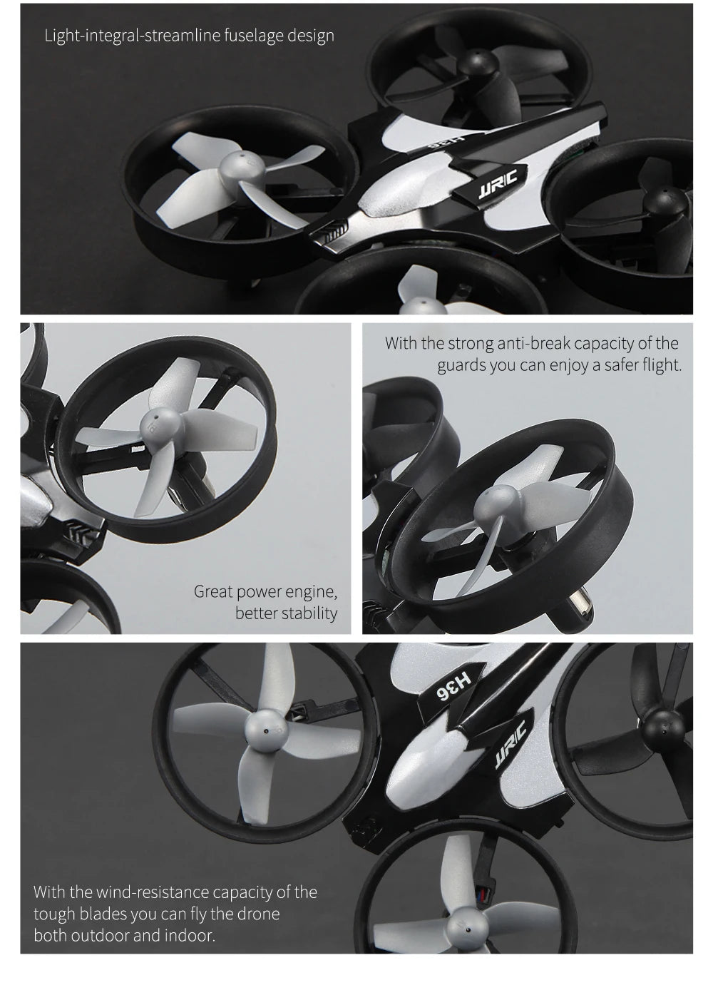 Collage of a drone with propellers and text on a black background