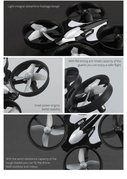 Collage of a drone with propellers and text on a black background