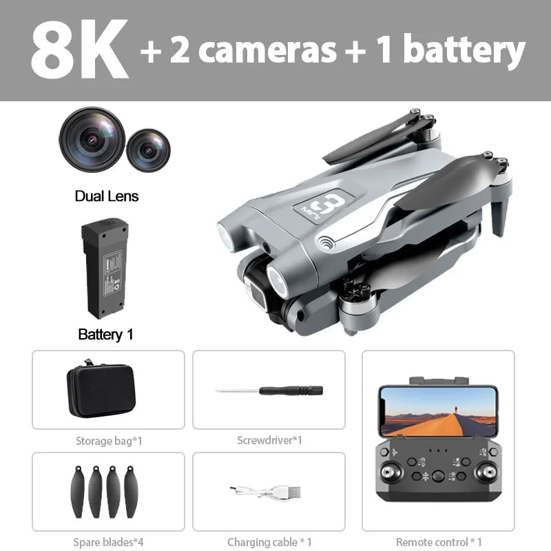 Product bundle with 8K camera, dual lenses, battery, storage bag, screwdriver, spare blades, charging cable, and remote control.