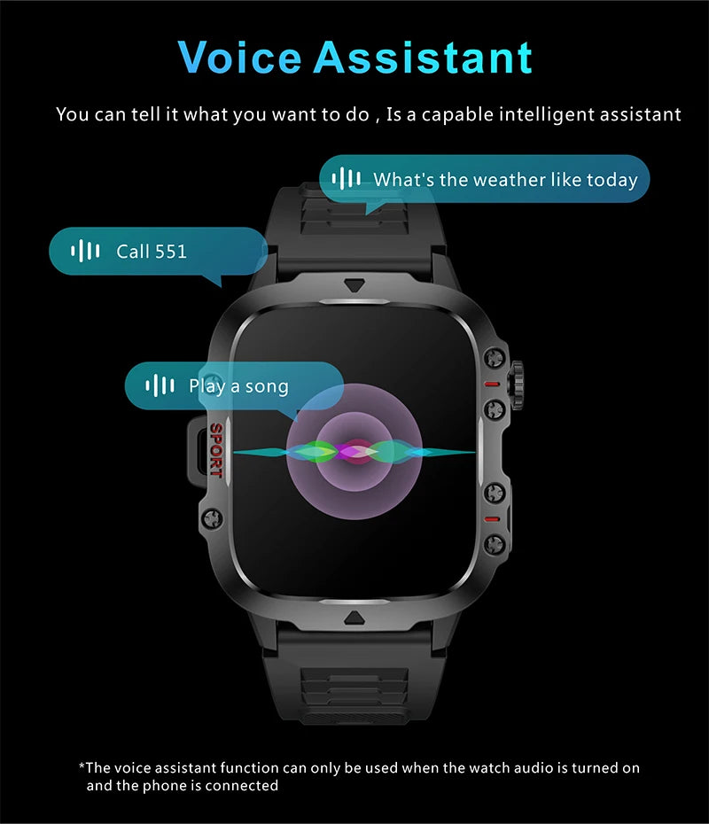 Smartwatch with voice assistant feature on a black background